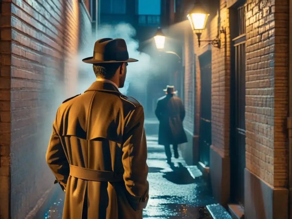 Noche de misterio en callejón oscuro: sombras y figuras en la lluvia En una noche lluviosa, un callejón oscuro iluminado por una tenue luz de farola