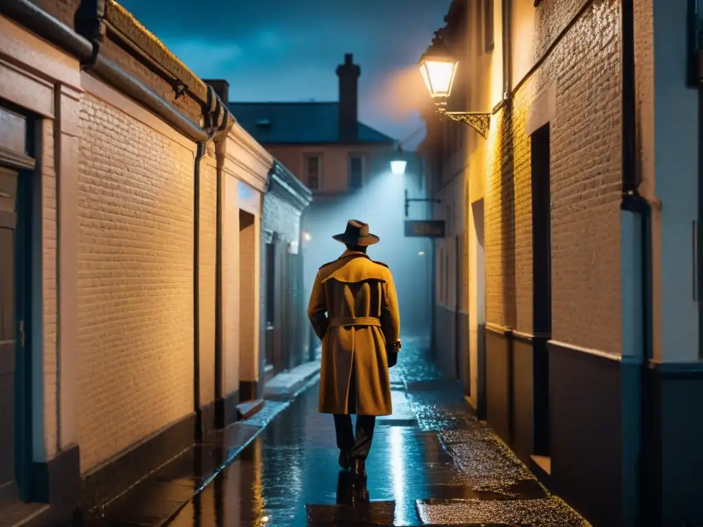 En una noche lluviosa, un callejón oscuro con una figura solitaria bajo una farola titilante