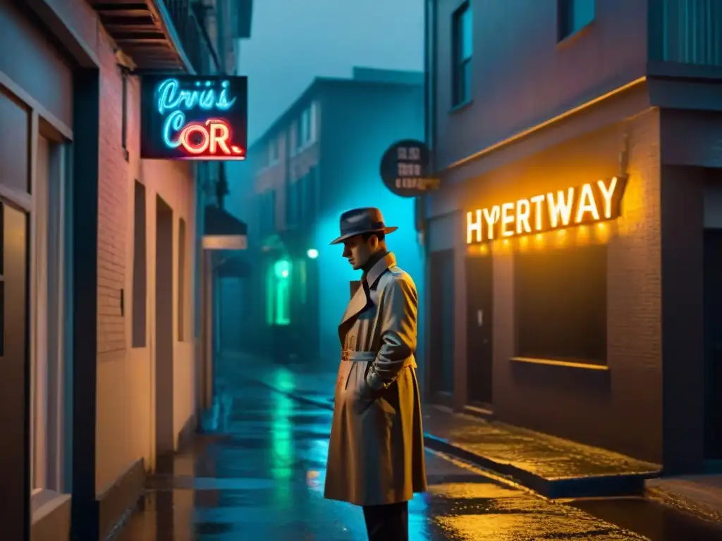 Misterioso detective en callejón lluvioso Una noche lluviosa en un callejón sombrío iluminado por un letrero de neón, donde un misterioso detective proyecta una sombra alargada