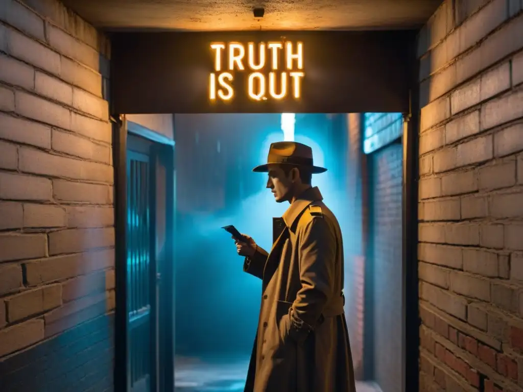 En una noche lluviosa, un misterioso detective paranormal con sombrero y gabardina, iluminado por un letrero de neón que dice 'La verdad está ahí fuera'