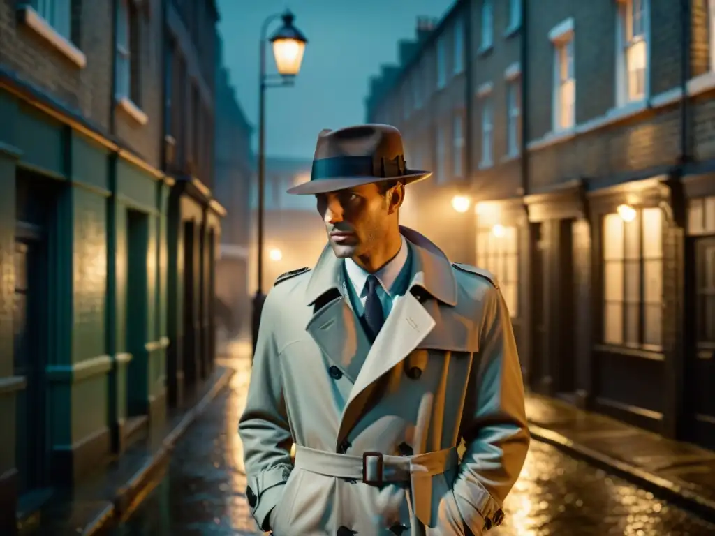 En una noche lluviosa en Londres, un misterioso personaje bajo la luz de la farola junto a un coche vintage enciende el misterio británico