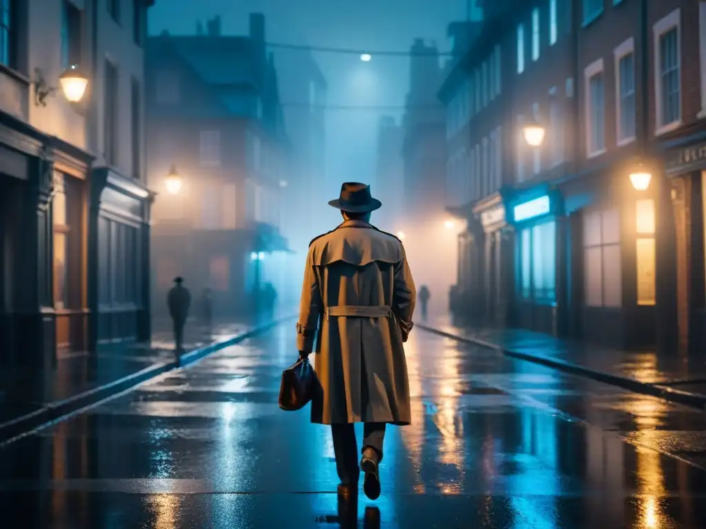 Escena nocturna misteriosa en la ciudad lluviosa Una noche lluviosa en una solitaria calle de la ciudad, con un misterioso personaje bajo la luz de una farola titilante