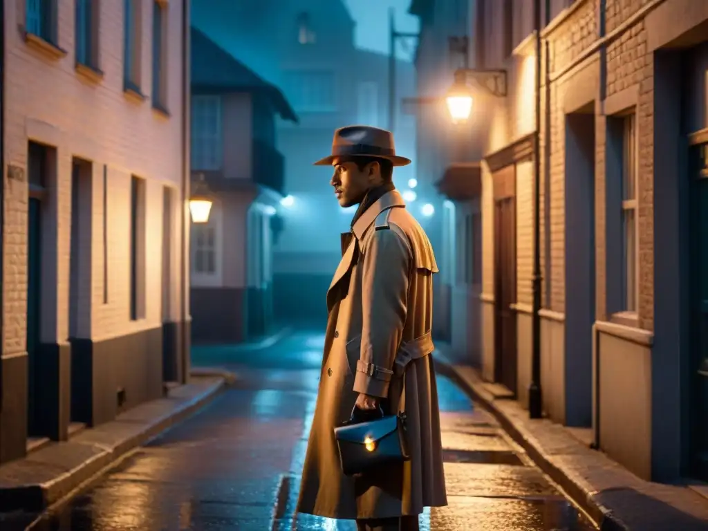 Noche misteriosa en un callejón con un detective y un carro vintage bajo la luz