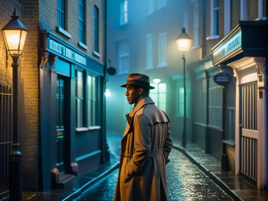 En una noche neblinosa en Londres, un detective británico en un callejón oscuro, iluminado por una lámpara de calle vintage