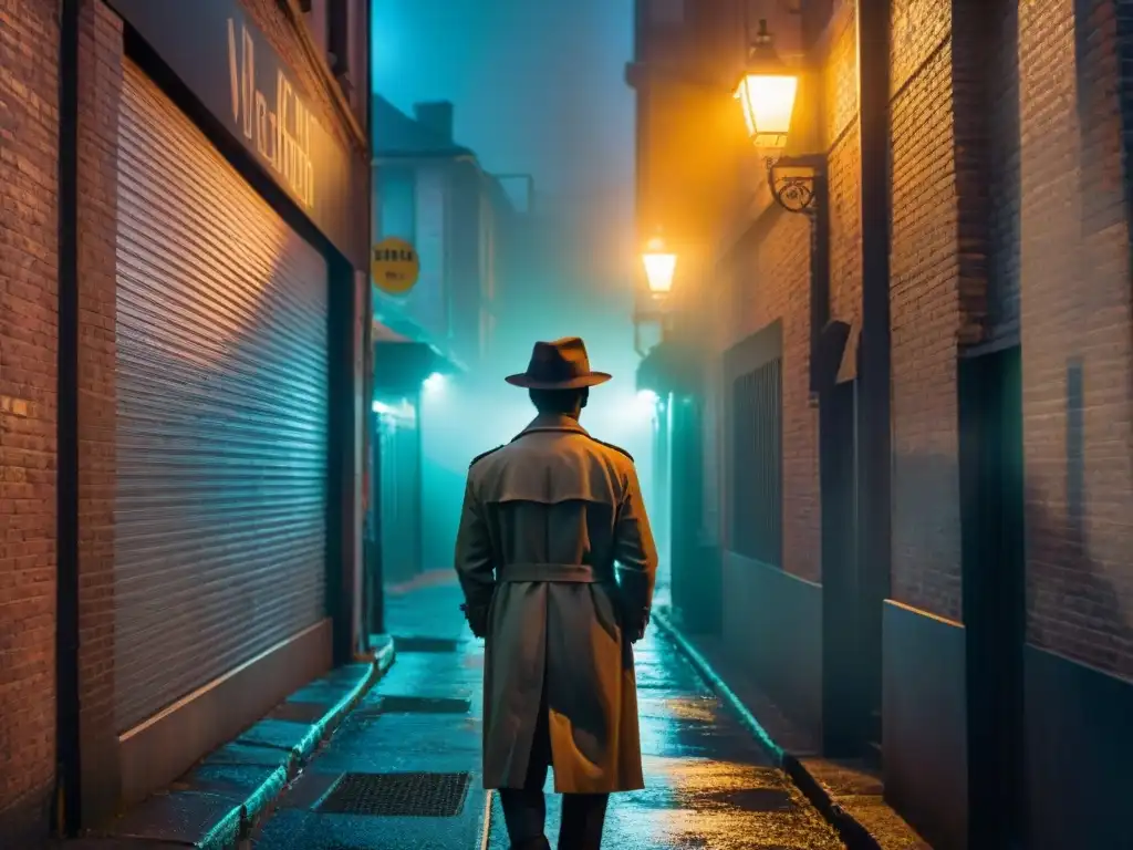 Una noche sombría en un callejón urbano, iluminado por la luz tenue de una farola parpadeante