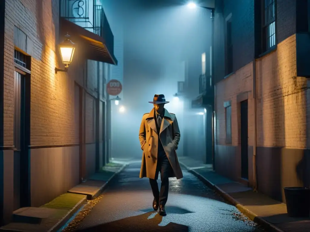 En una noche sombría, una figura misteriosa acecha en un callejón iluminado por una farola