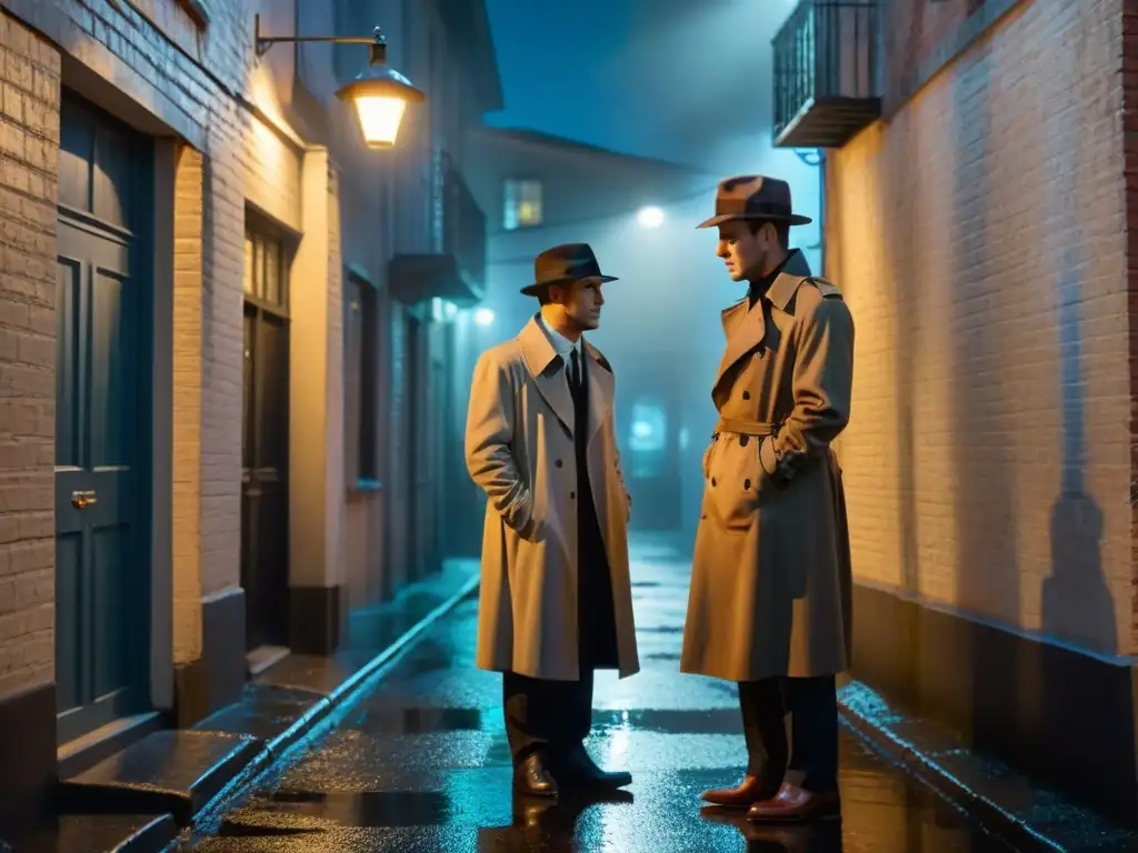 Encuentro nocturno bajo la lluvia en un callejón oscuro, donde la ética en series de detectives se pone a prueba