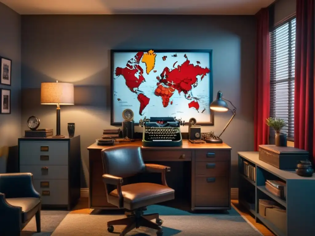 Oficina con ambiente de cine negro: escritorio de detective, lupa, máquina de escribir, gabardina, mapa de ciudad con pistas