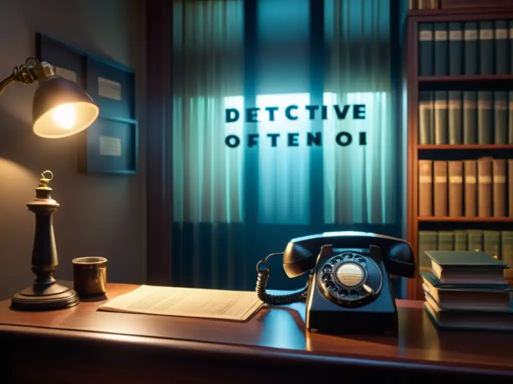 Oficina de detective vintage con aura de misterio Oficina de detective en penumbra con cajas de suscripción misterio detectives, teléfono vintage y lámpara titilante
