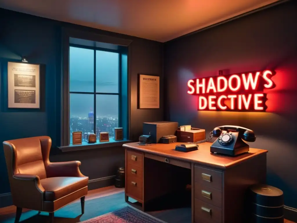 La oficina del detective en sombras, con tecnología vintage y ambiente retro, evoca misterio y suspense