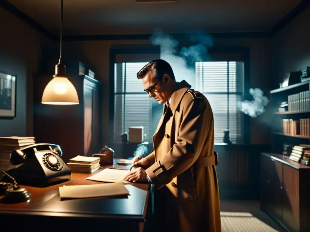 Escena de oficina en estilo Film Noir con detective enigmático Oficina en penumbra estilo Film Noir con un escritorio desordenado de detective, teléfono vintage, lámpara titilante y figura misteriosa en la puerta