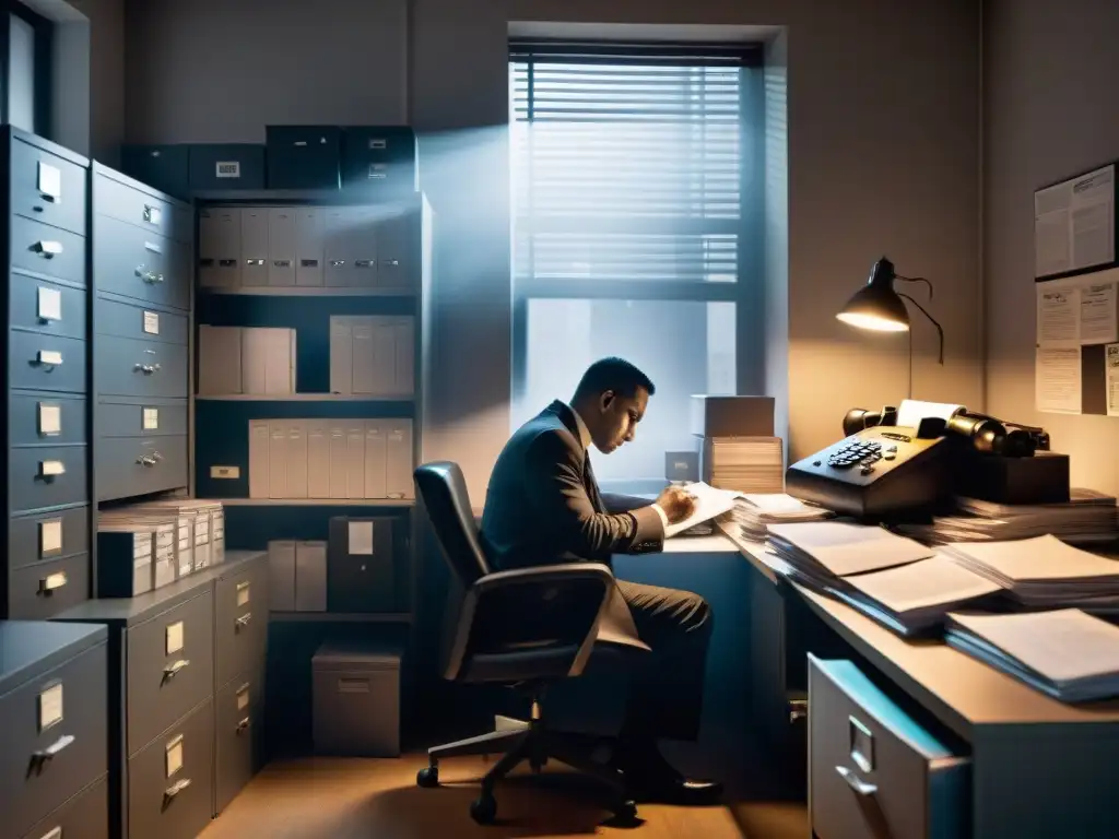 Detective exhausto en oficina sombría: misterios por resolver En una oficina sombría, un detective cansado examina desafíos administrativos en ficción detectivesca