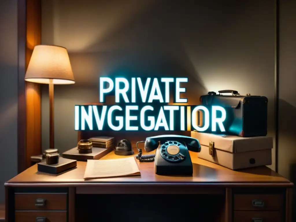 Oficina sombría de un detective con escritorio desordenado, teléfono antiguo, lámpara tenue, abrigo colgado y puerta con 'Detective Privado'