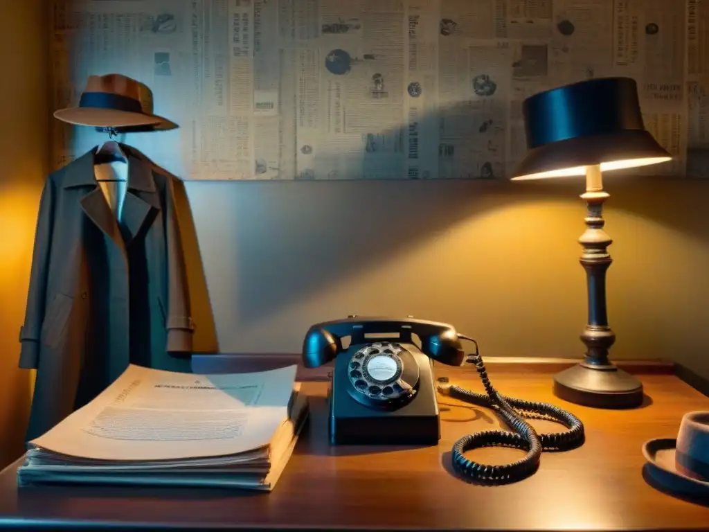 Oficina sombría con teléfono rotatorio vintage en escritorio desordenado, sombras en paredes con papel descascarado