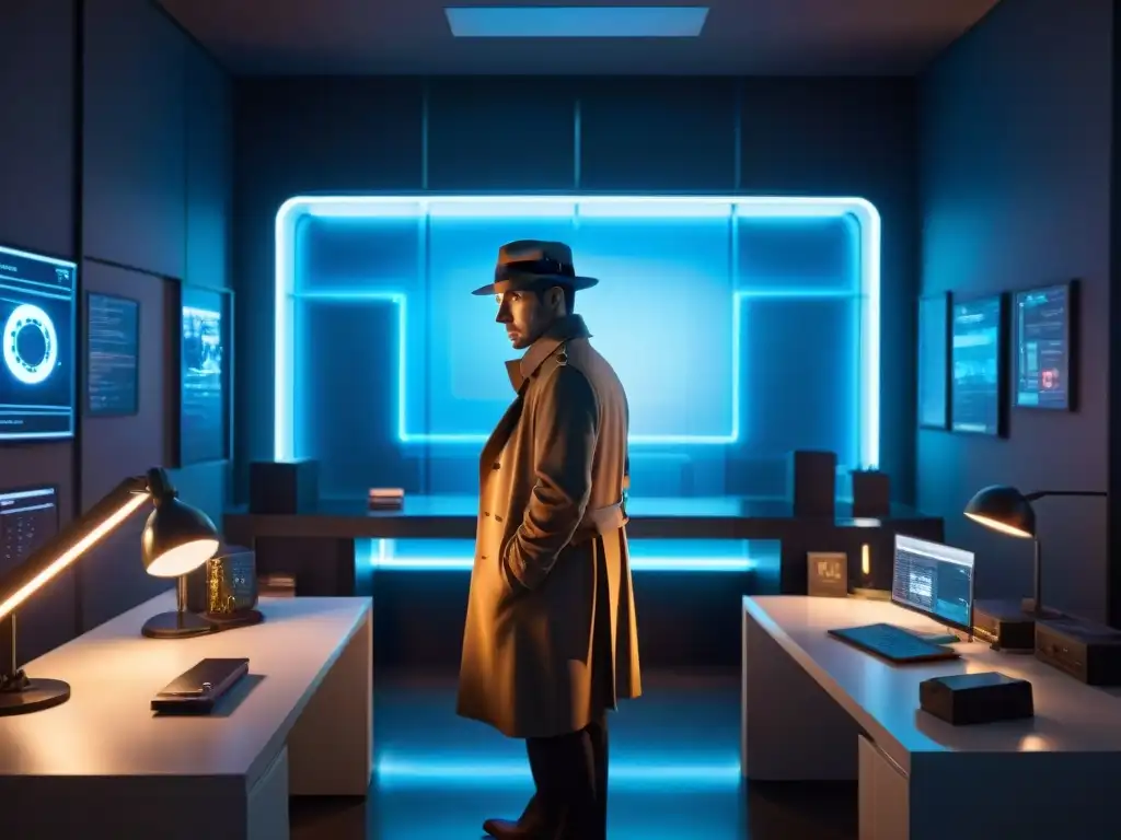 En la oficina tenue de una agencia de detectives futurista, un solitario figura en gabardina y fedora se sienta en un escritorio elegante y de alta tecnología