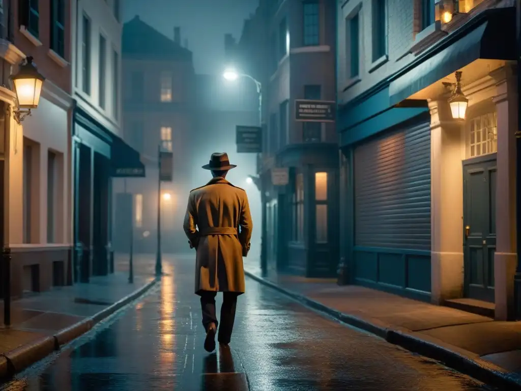 Noche misteriosa: figura solitaria bajo farola en calle sombría En una oscura calle de la ciudad envuelta en niebla, un misterioso personaje bajo una farola titilante, evocando momentos inolvidables de televisión