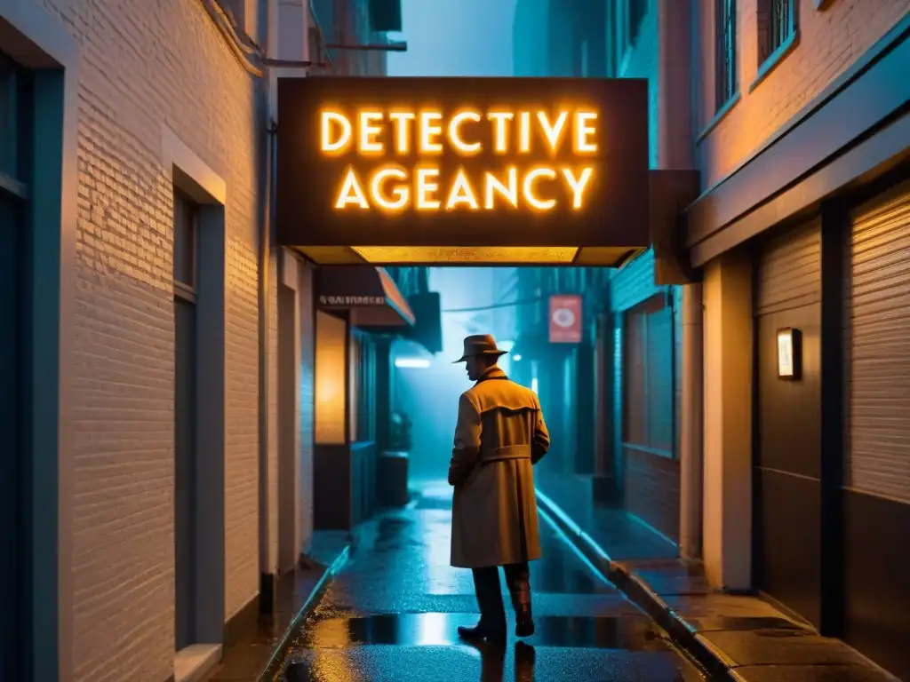 En una oscura callejuela nocturna, un misterioso detective bajo un letrero de neon 'Agencia de Detectives'