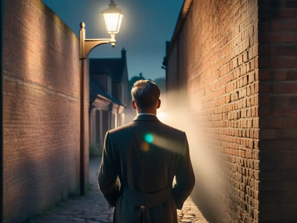 En una oscura callejuela nocturna, un sacerdote detective de Grantchester analiza bajo la luz titilante