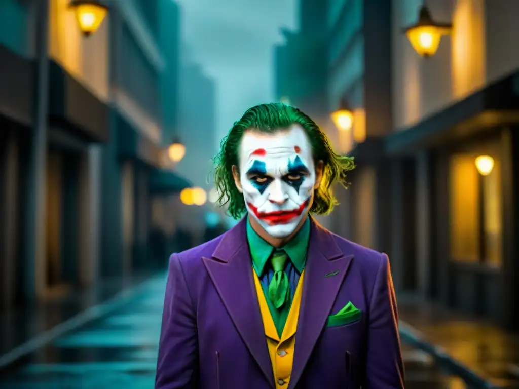 El Joker en la oscuridad de la calle, su sonrisa siniestra y mirada penetrante evocan un análisis psicológico profundo