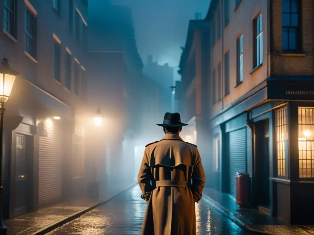 En la oscuridad de un callejón en una ciudad bulliciosa, una figura misteriosa bajo la luz de la calle