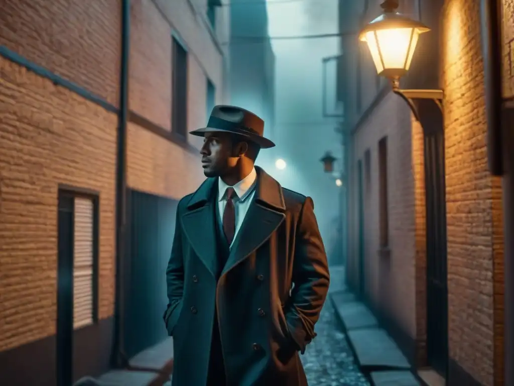 Misterioso detective en callejón oscuro: imagen ultradetallada 8K En la oscuridad de un callejón, un detective con sombrero y cigarro bajo una farola temblorosa