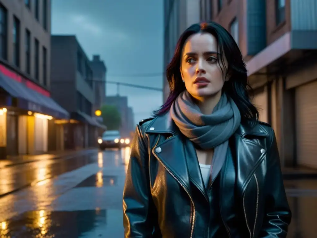 En la oscuridad de un callejón lluvioso, Jessica Jones, con su chaqueta de cuero, realiza un análisis detectivesco con determinación