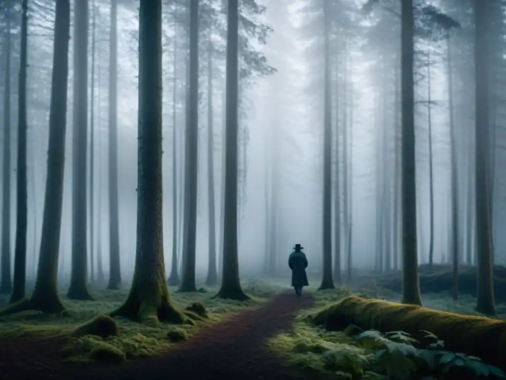 Un oscuro bosque escandinavo al anochecer, con niebla entre los altos árboles y una misteriosa linterna