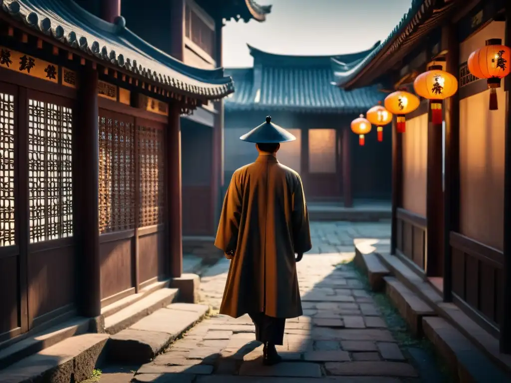 Intriga en la antigua China: detectives en la sombra Un oscuro callejón en la antigua China, donde un detective sigiloso sigue a un sospechoso