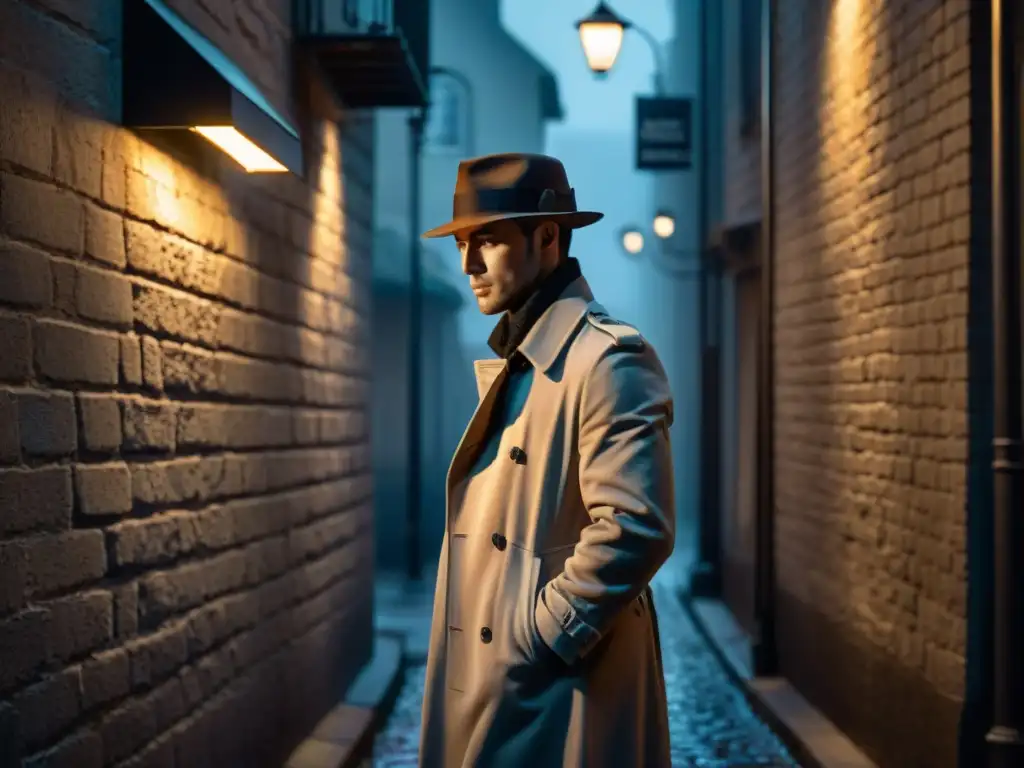 Un oscuro callejón en blanco y negro, con sombras proyectadas sobre el suelo empedrado