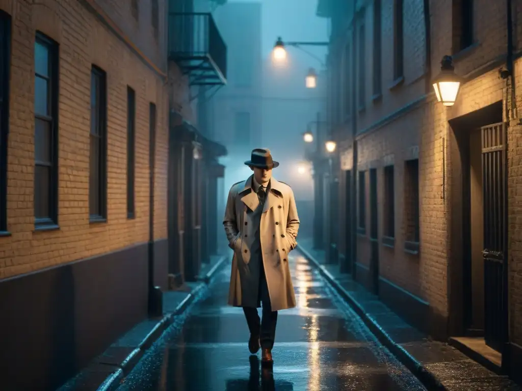 Un oscuro callejón en blanco y negro, figura misteriosa bajo farola, lluvia suave