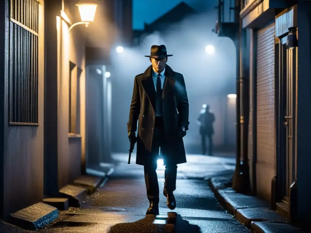 Trío en sombras bajo la luz: escena de suspense noir Un oscuro callejón en blanco y negro con tres figuras siluetadas bajo una farola parpadeante