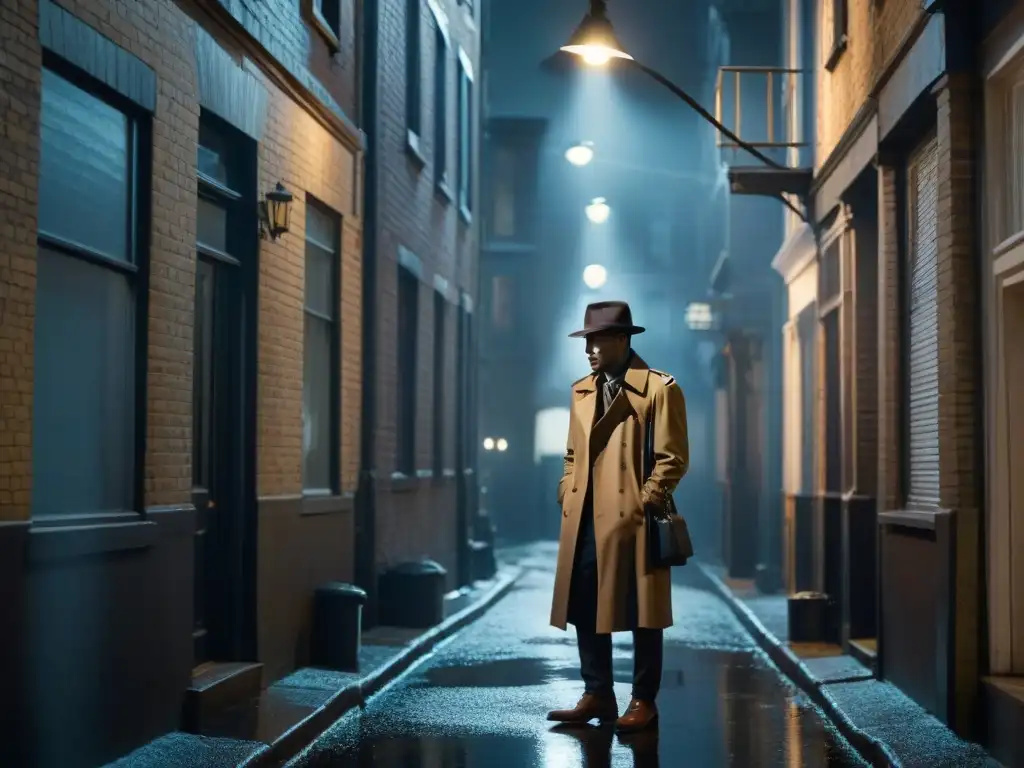 En el oscuro callejón, un detective con sombrero y gabardina, ilumina con su linterna
