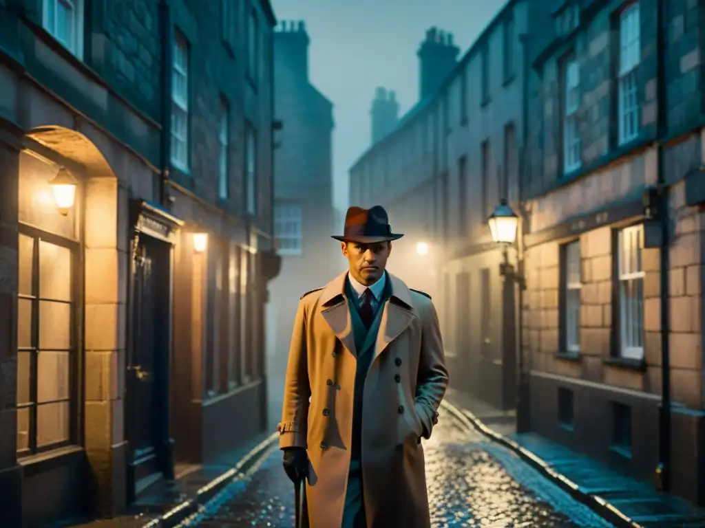 Un oscuro callejón en Edimburgo iluminado por una lámpara vintage