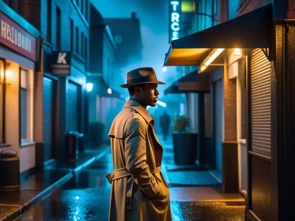 Un oscuro callejón en estilo noir, lluvia y luces de neón reflejadas