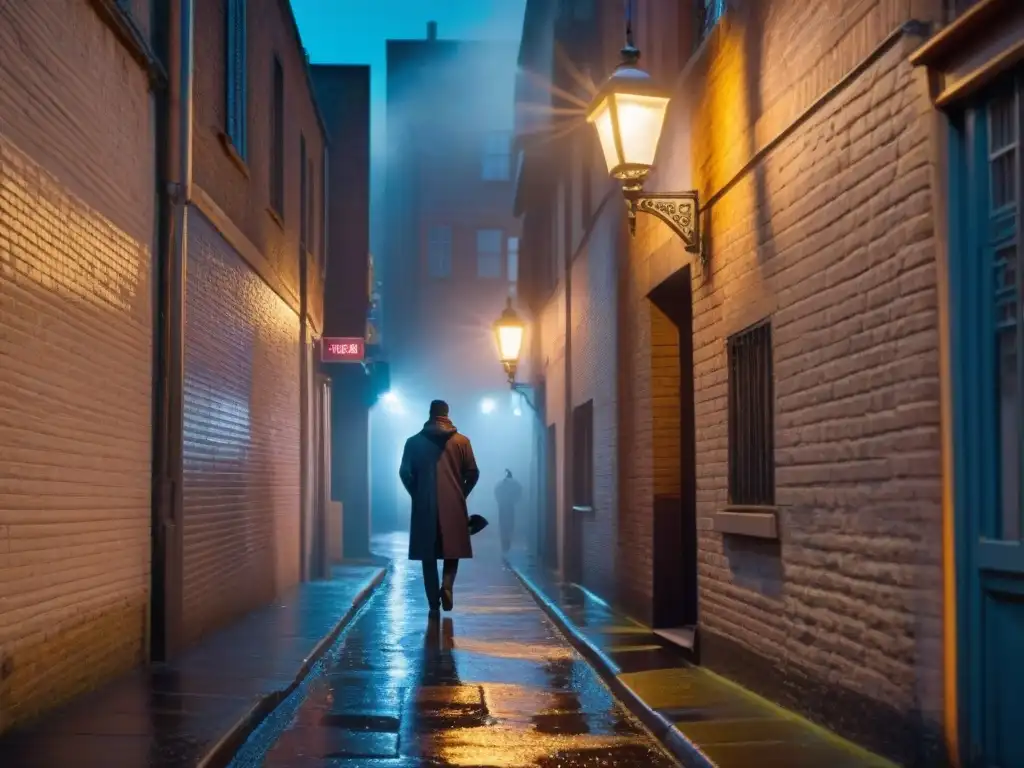 En un oscuro callejón, una figura misteriosa bajo la luz de la farola, entre sombras y secretos