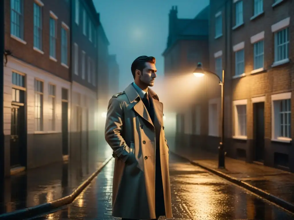 Un oscuro callejón con una figura misteriosa bajo una farola titilante, proyectando sombras largas en el pavimento mojado