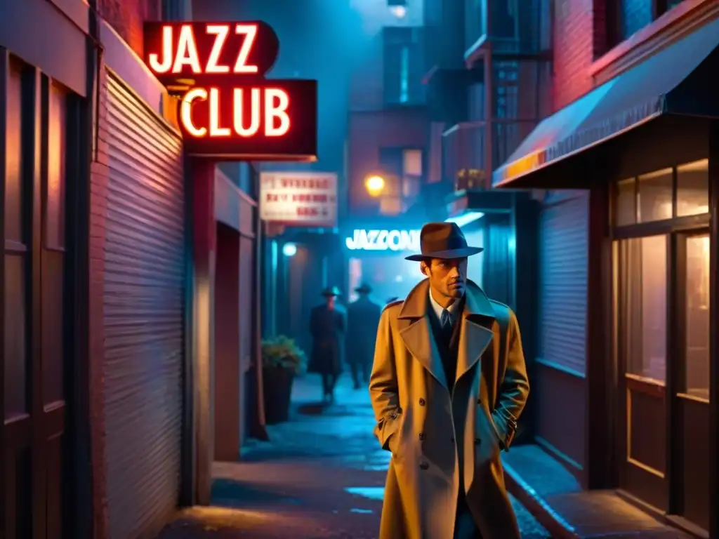 Un oscuro callejón iluminado por un letrero de neón que lee 'Jazz Club', con un misterioso personaje fumando, evocando música en series de detectives