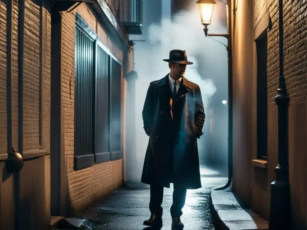 Alleyway misterioso: figura en la sombra con pistola humeante Un oscuro callejón iluminado por la luz parpadeante de una farola, donde un detective antihéroe en cine emerge con un arma humeante