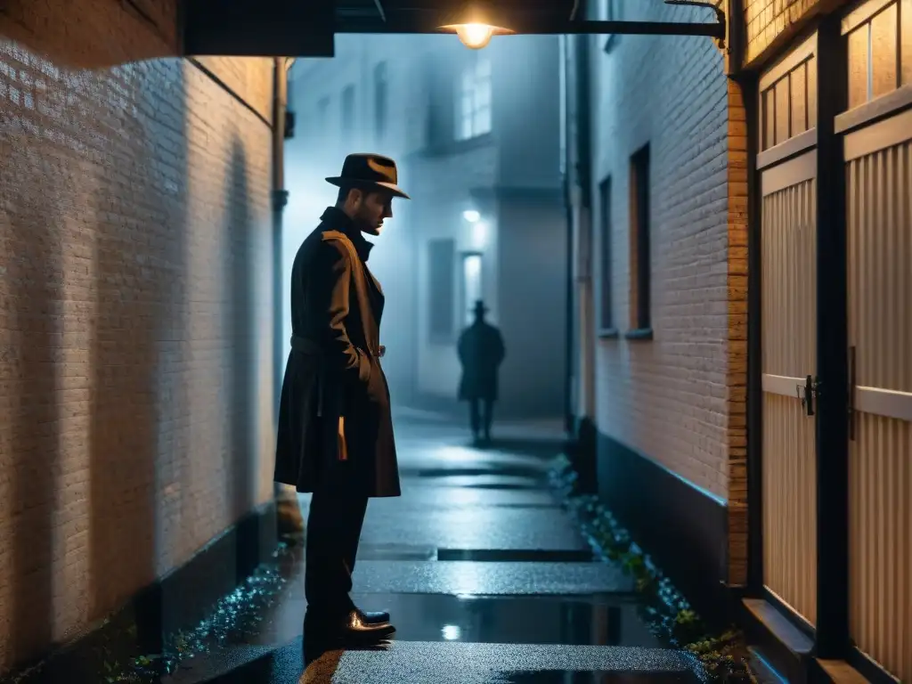 En un oscuro callejón iluminado por la luz de una farola parpadeante, un misterioso detective examina una pista en blanco y negro, bajo la lluvia