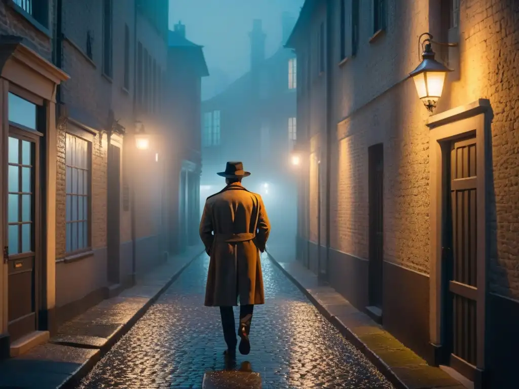 Noche de misterio en el callejón sombrío Un oscuro callejón iluminado por la luz parpadeante de una farola, creando sombras alargadas en el suelo empedrado
