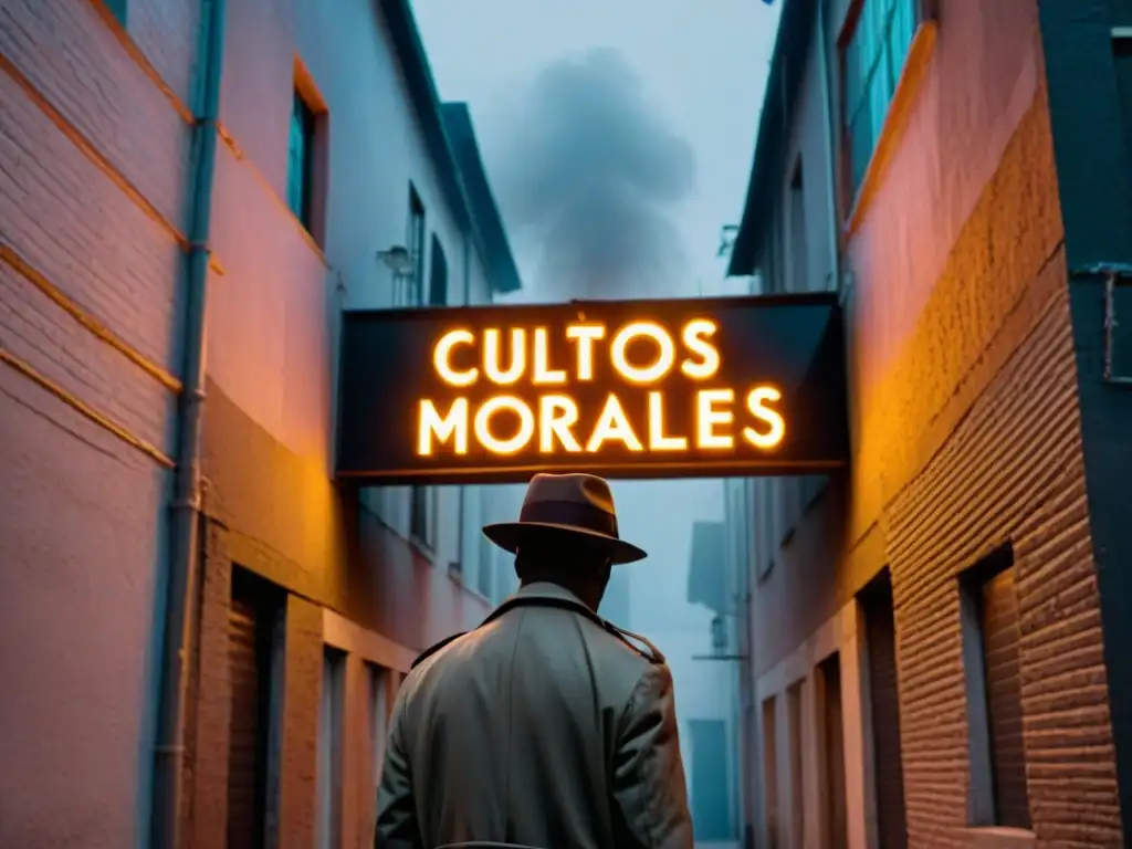 Un oscuro callejón iluminado por el parpadeante letrero de neón 'Cultos mortales'