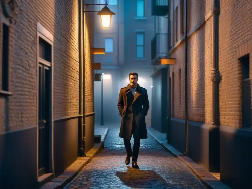 Un oscuro callejón iluminado por una tenue luz de farola, evocando suspenso al estilo del cine negro