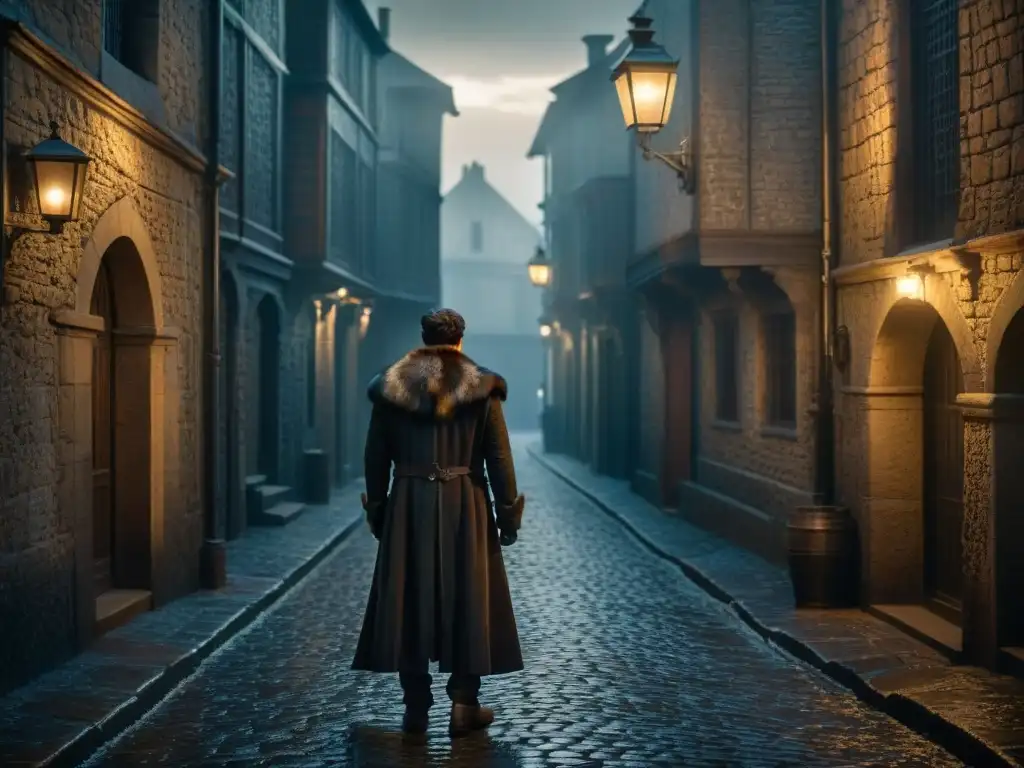 Un oscuro callejón iluminado por una única farola titilante, donde figuras misteriosas acechan en la penumbra