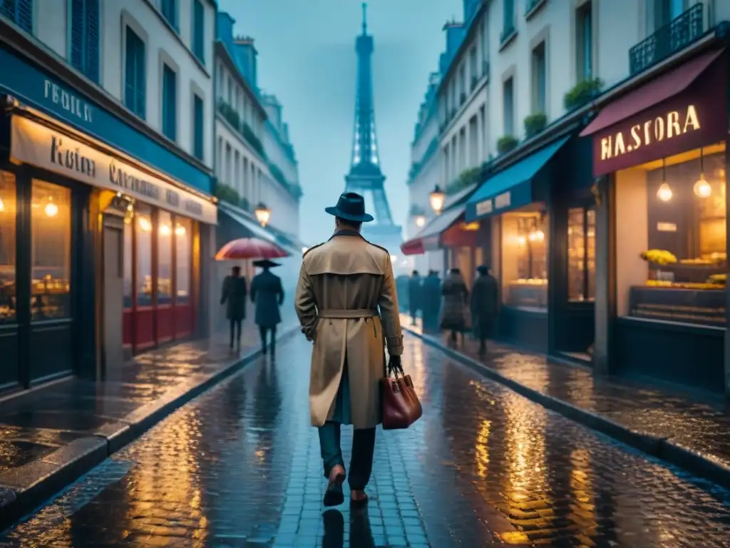 Un oscuro callejón de París bajo la lluvia, reflejos de neón en adoquines, figuras misteriosas con secretos