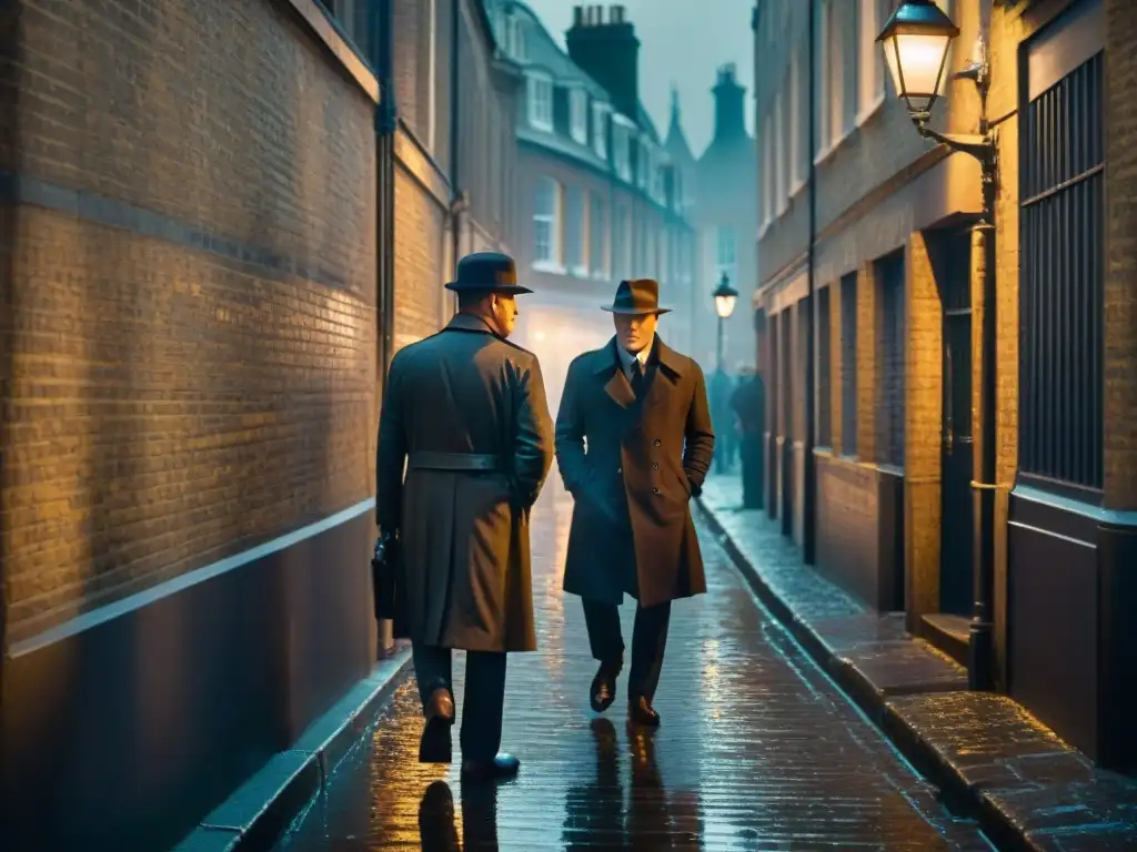 Un oscuro callejón lluvioso en Londres, iluminado solo por la luz titilante de una farola vintage