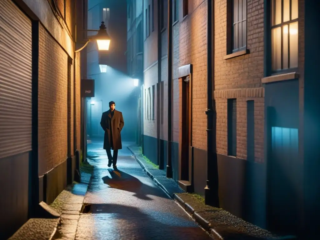 Un oscuro callejón misterioso de noche, iluminado por una tenue farola, proyectando largas sombras