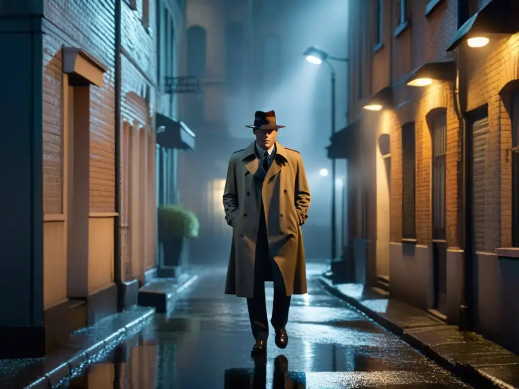 Confrontación nocturna: detective y sospechoso en un callejón misterioso Un oscuro callejón de noche, con una atmósfera de misterio y tensión entre detective y sospechoso
