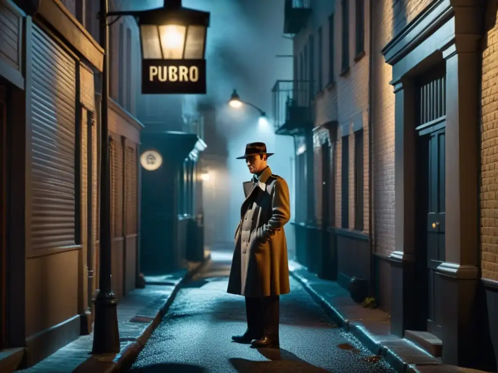 Un oscuro callejón de noche con un coche vintage de detective bajo una farola parpadeante