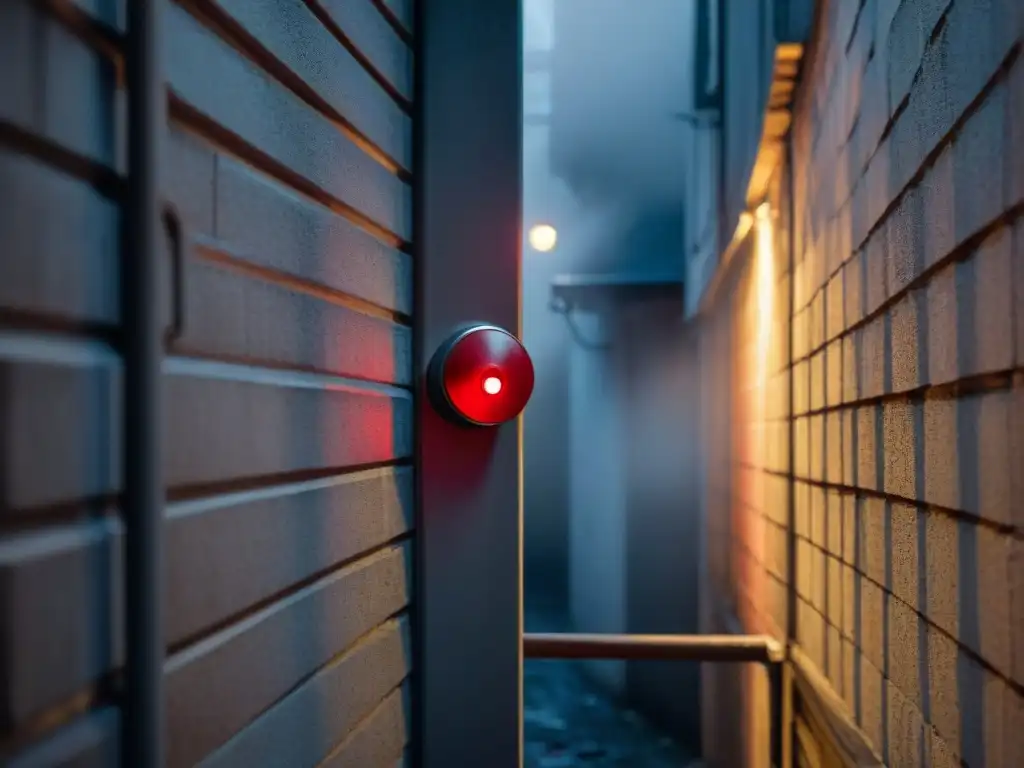 Un oscuro callejón de noche, iluminado por un botón rojo de pánico