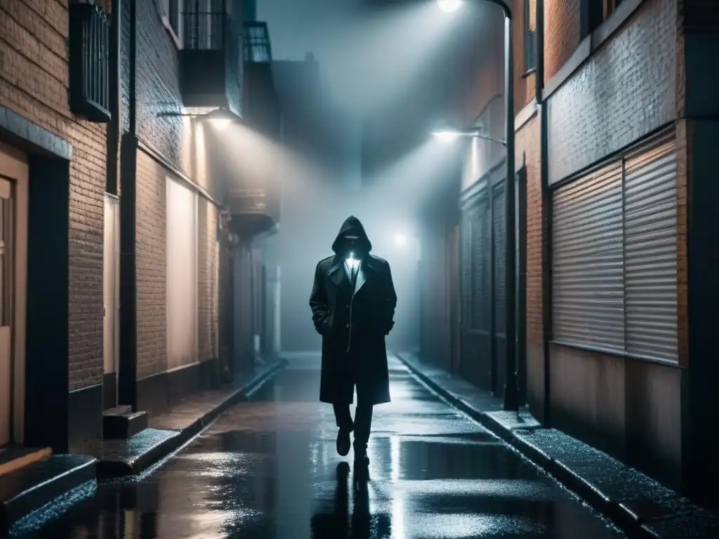 Alleyway nocturno en blanco y negro: intriga y peligro urbano Un oscuro callejón de noche iluminado por una solitaria farola, en un área urbana llena de misterio y peligro